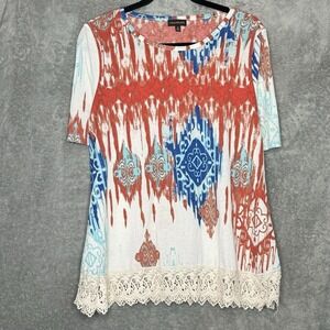 Multiples Medium Shirt Top Ivory Geometric Short Sleeve Round Neck Stretch Boho